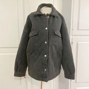 POL Anthropologie Oversized Quilted Denim Jacket Black Button Long Sleeve Size S